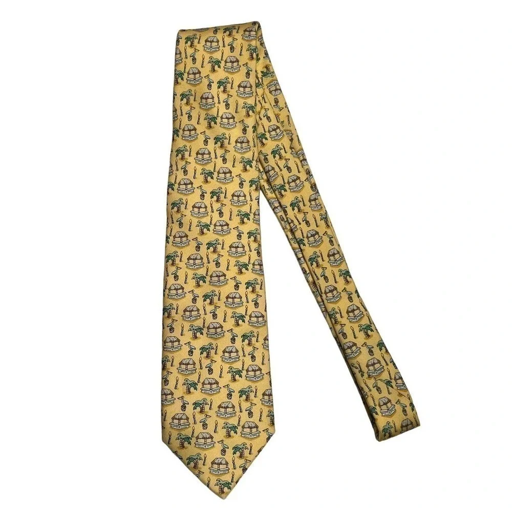 Vineyard Vines Yellow Silk Pelican Fish Tie Necktie Tropoical Palm Trees